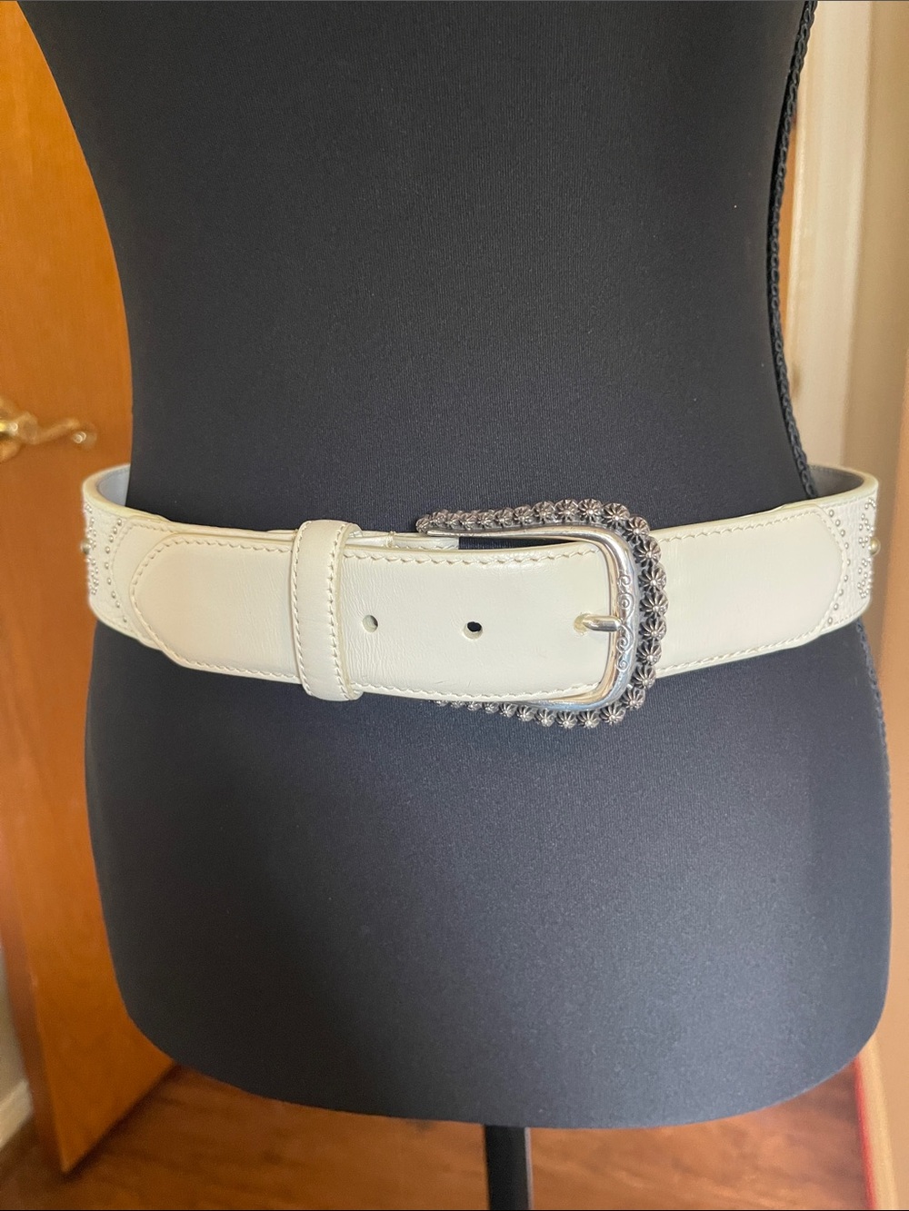 Brighton Women's Cream Leather Belt with Decorative Silver Buckle Medium